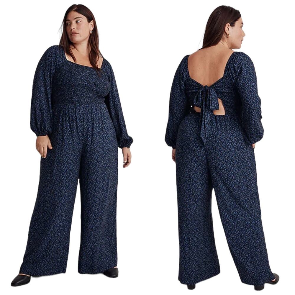 NWT Madewell Lucie Tie Back Long Sleeve Blue Wide Leg Pants Jumpsuit Size 18W